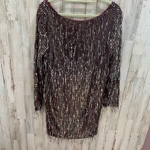 ZARA Burgundy Silver SEQUINNED Dress FRINGE LOW Back Long Sleeve Womens XS